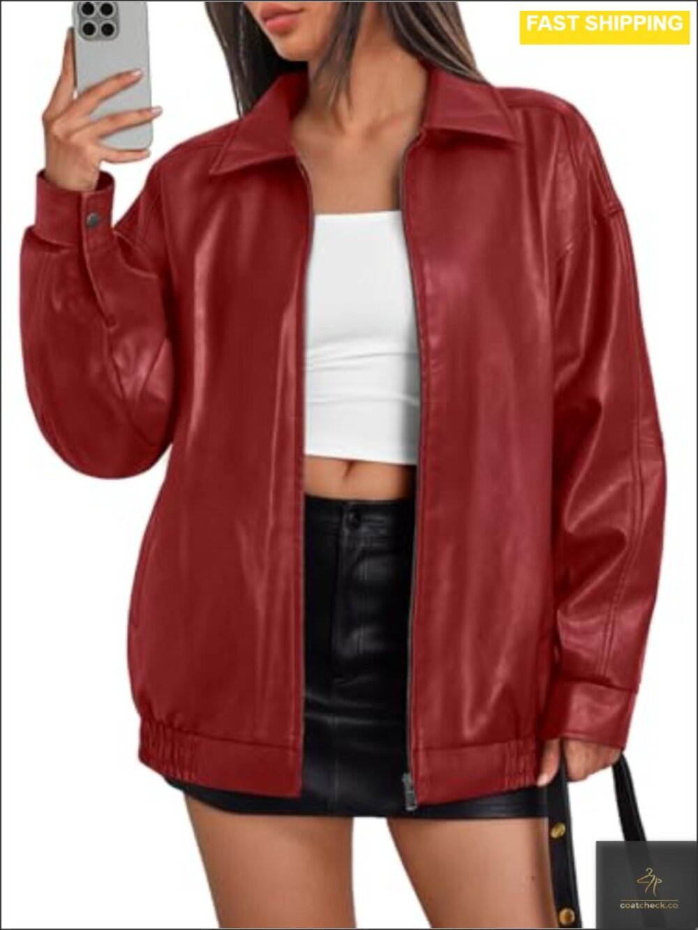 Oversized Faux Leather Moto Bomber Jacket Vegan Leather Zip Up Coat